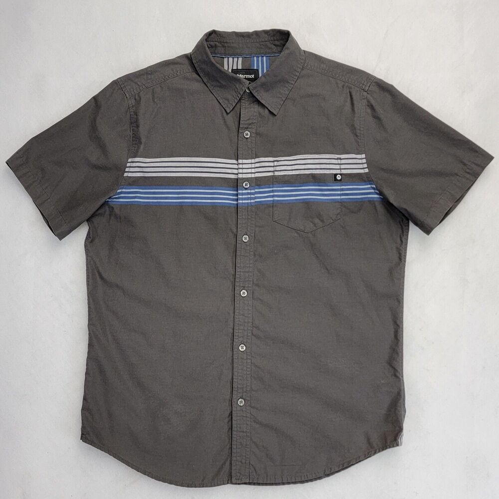 Marmot Northside Camp Shirt Gorpcore Short Sleeve M Grey Striped Button-Up Mens